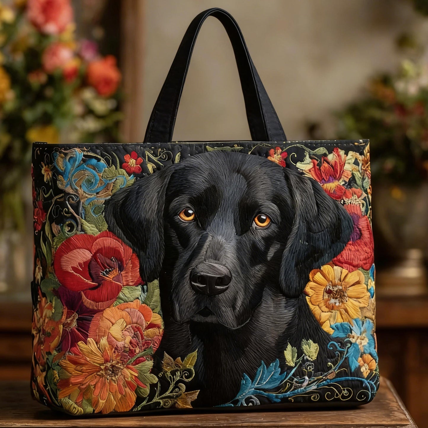 Floral Black Lab Quilted Tote Bag