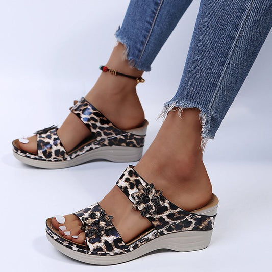 2024 New Leopard Print Leather Wedge Soft Sole Sandals for Women