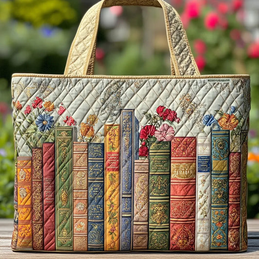 Bookworm-themed quilted tote bag