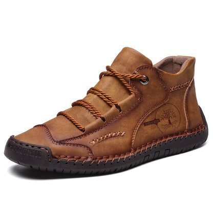 Men's lightweight breathable non-slip souatsole retro flat-soled casual soft leather ankle boots