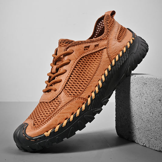 (⏰LAST DAY-60% OFF🛒)Men’s Genuine Leather Loafers – Breathable Mesh Slip-On Casual Shoes with Arch Support, Wide Toe Design, Hand-Sewn Stitching & Anti-Slip Sole for Work & Driving