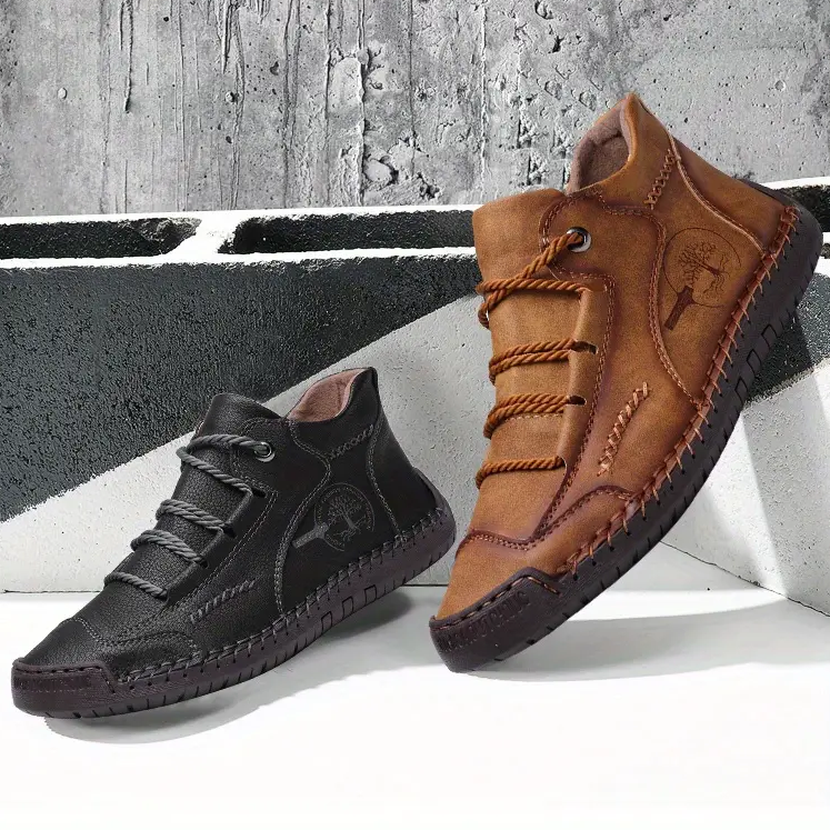 Men's lightweight breathable non-slip souatsole retro flat-soled casual soft leather ankle boots