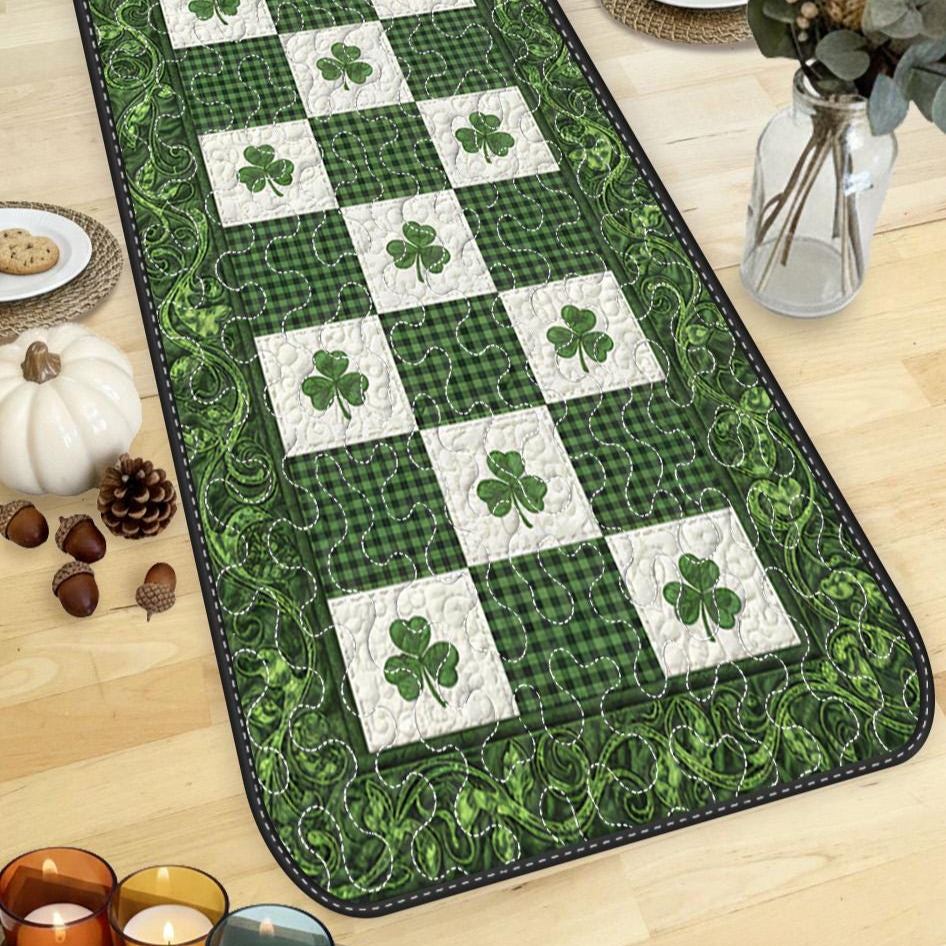 Green Gingham Shamrock St.Patrick Day Quilted Table Runner TC1006