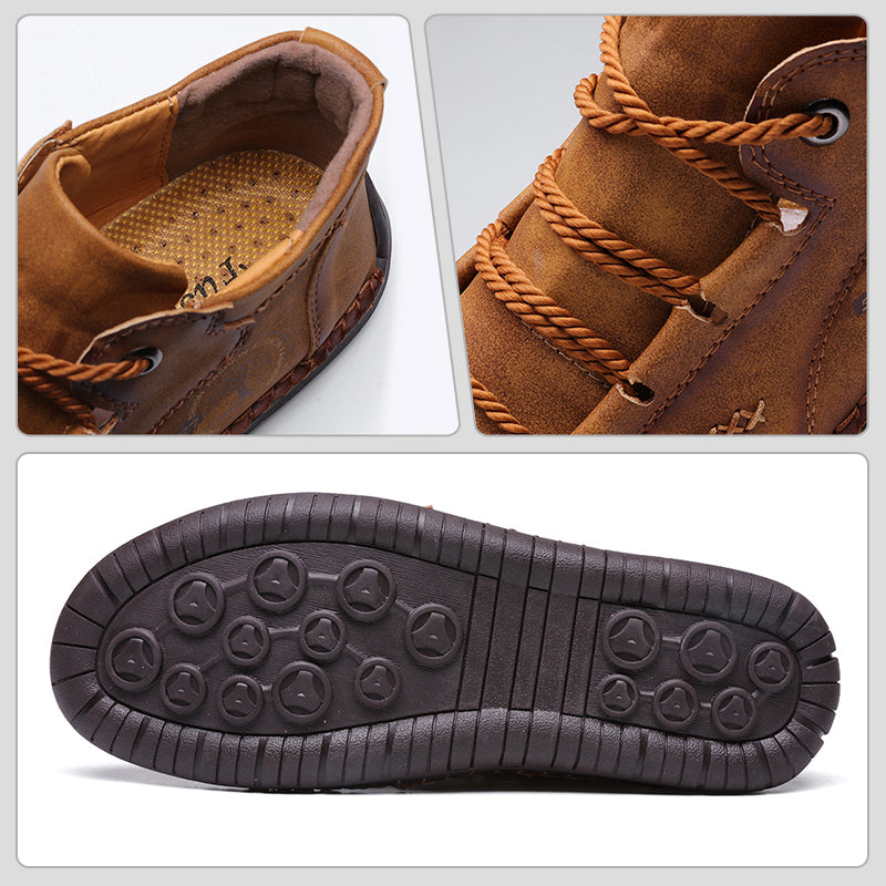 Men's lightweight breathable non-slip souatsole retro flat-soled casual soft leather ankle boots