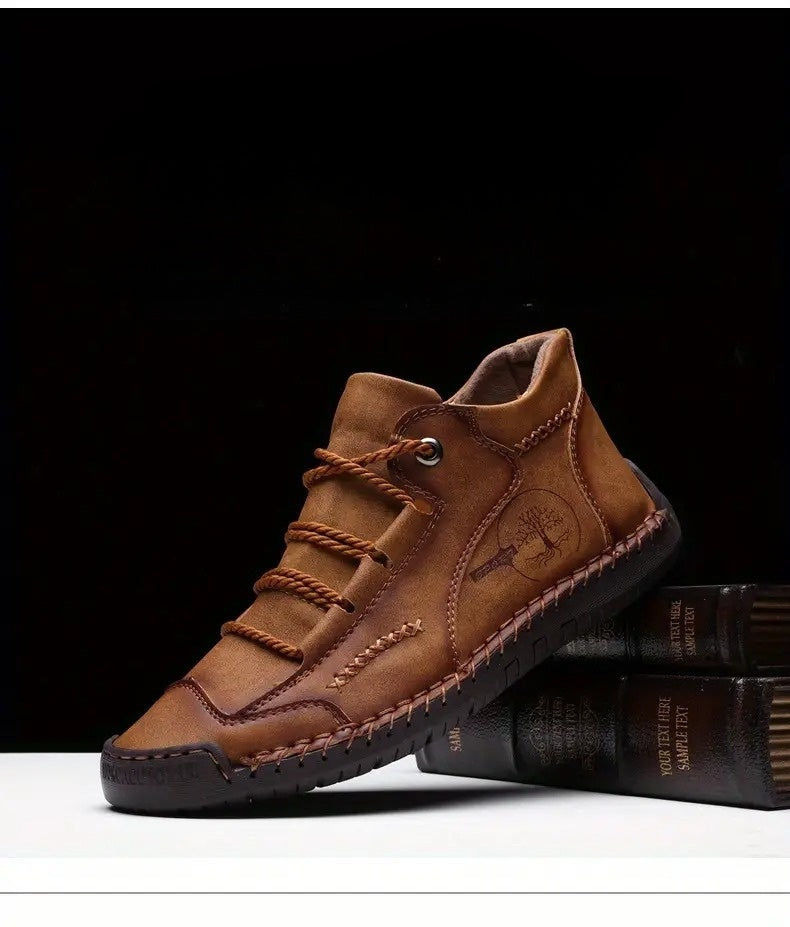 Men's lightweight breathable non-slip souatsole retro flat-soled casual soft leather ankle boots